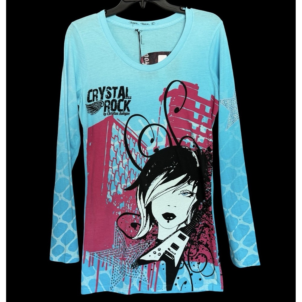 Christian Audigier Crystal Rock Y2K Rhinestone Star Graphic Tunic Women L NWT